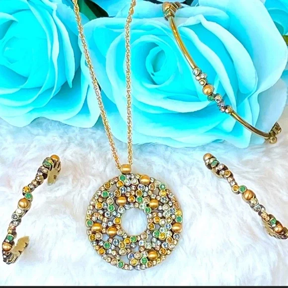 Brighton CRYSTAL PALACE Green/Gold/Crystal Necklace Bracelet Earrings set